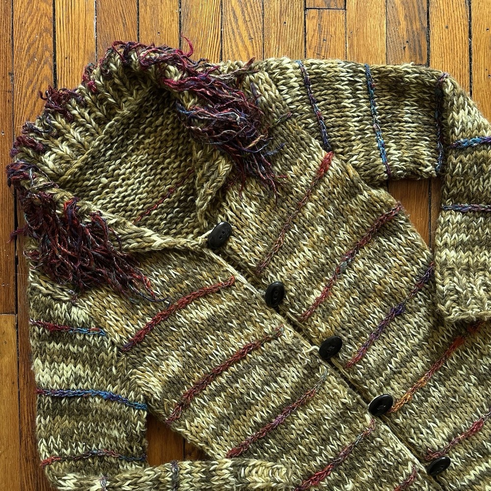 Vtg Y2K Handknit Wool Fuzzy String Neck Sweater Coat Mid Length Women Medium - Picture 2 of 8